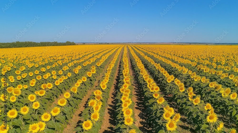 Aerial view of a vast sunflower field with rows of blooming sunflowers under a blue sky. Aerial view of a vast sunflower field with rows of blooming sunflowers under a blue sky.