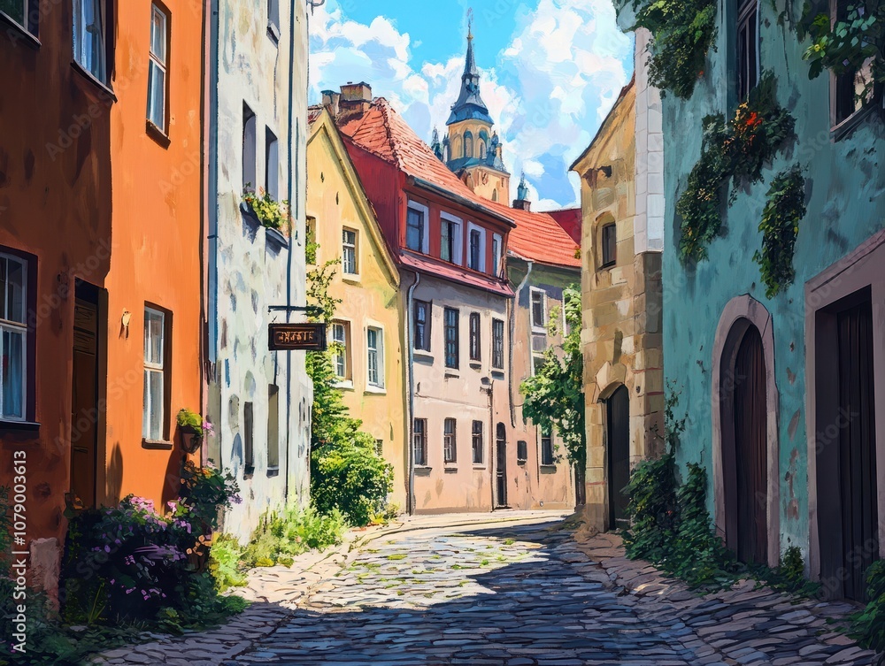 Cityscape of the old town of Riga, Latvia. Digital painting.