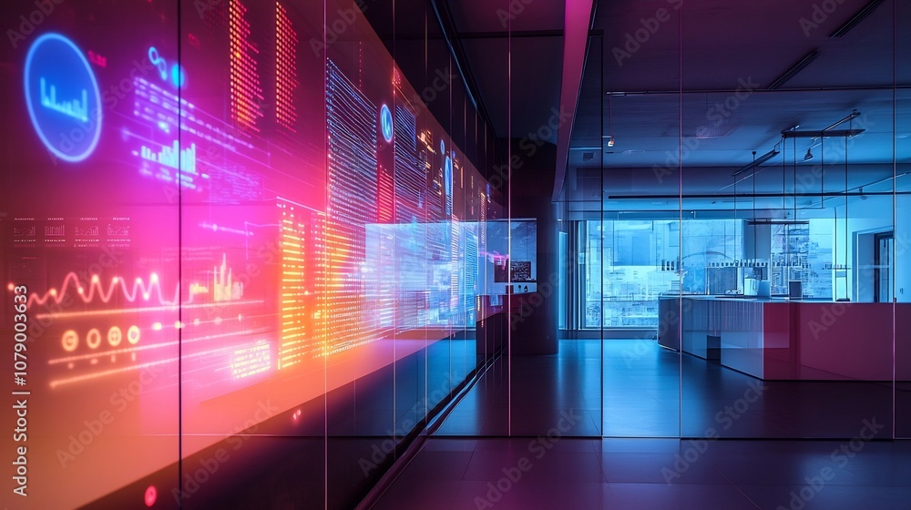 Fototapeta premium Interactive Data Visualization in Modern Office Environment with Transparent Wall Display