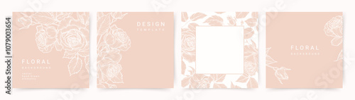 Floral elegant background with hand drawn Rose flower elements in pink. Vector design templates for wedding invitation, card, poster, business card, flyer, social media post, banner, label