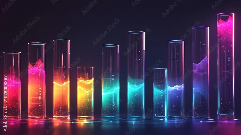 Vibrant Glowing Glass Cylinders in Fluid Bar Graph Composition Showcasing Dynamic Data Visualization Vibrant Glowing Glass Cylinders in Fluid Bar Graph Composition Showcasing Dynamic Data Visualization