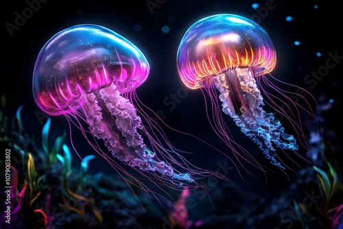 Cyberpunk-style underwater scene with neon-lit jellyfish and glowing plants in dark ocean depths