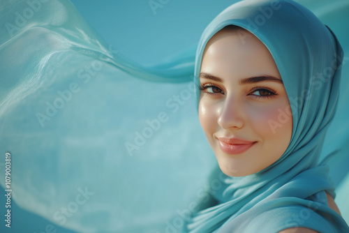 face portrait of beautiful European hijab woman wearing a blue hijab, smiling islamic women isolated on blue background with copy space for product advertising photo