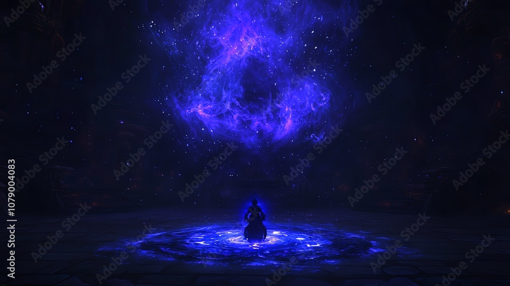 Mystical figure meditating surrounded by swirling blue cosmic energy at night. Mystical figure meditating surrounded by swirling blue cosmic energy at night.