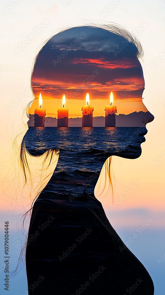 A serene silhouette of a woman with a sunset and candles reflecting inside, symbolizing peace and contemplation. A serene silhouette of a woman with a sunset and candles reflecting inside, symbolizing peace and contemplation.
