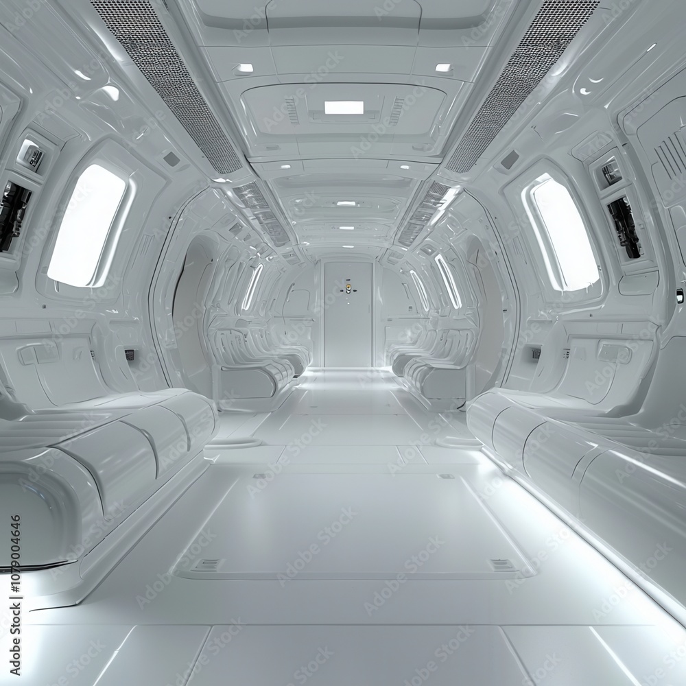 Obraz premium Futuristic spaceship interior with sleek design and bright lighting, showcasing advanced technology in a minimalist environment.