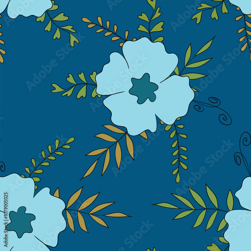 Seamless floral pattern based on traditional folk art ornaments. Colorful flowers on color background. Scandinavian style. Sweden nordic style. Vector illustration. Simple minimalistic pattern