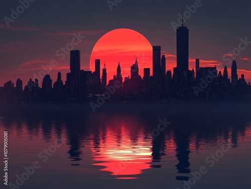 Cityscape Silhouette at Sunset with Red Sun