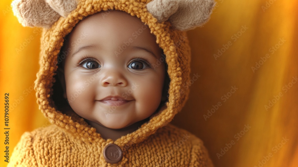 Happy African-American baby smiling in cozy brown outfit with animal ears against bright background Happy African-American baby smiling in cozy brown outfit with animal ears against bright background