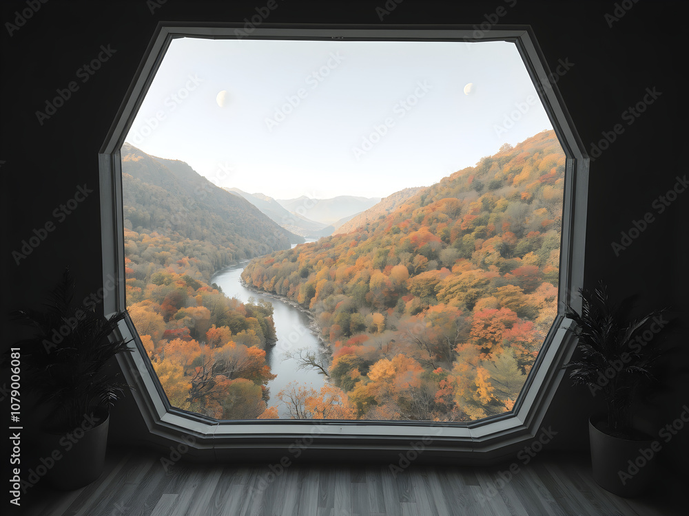 looking out from an expansive penthouse black and white office, through a large hexagon-shaped window, looking down over a valley with a river filled with autumnal trees with vibrant colored leaves, p looking out from an expansive penthouse black and white office, through a large hexagon-shaped window, looking down over a valley with a river filled with autumnal trees with vibrant colored leaves, p