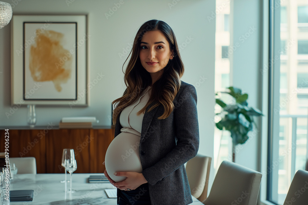 A woman is standing in a room with a large painting on the wall. She is wearing a black jacket and holding a baby bump. The room has a modern and sophisticated feel, with a large table and chairs A woman is standing in a room with a large painting on the wall. She is wearing a black jacket and holding a baby bump. The room has a modern and sophisticated feel, with a large table and chairs