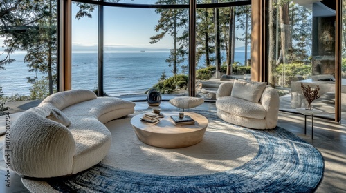 A modern living room with a scenic ocean view and contemporary furniture.