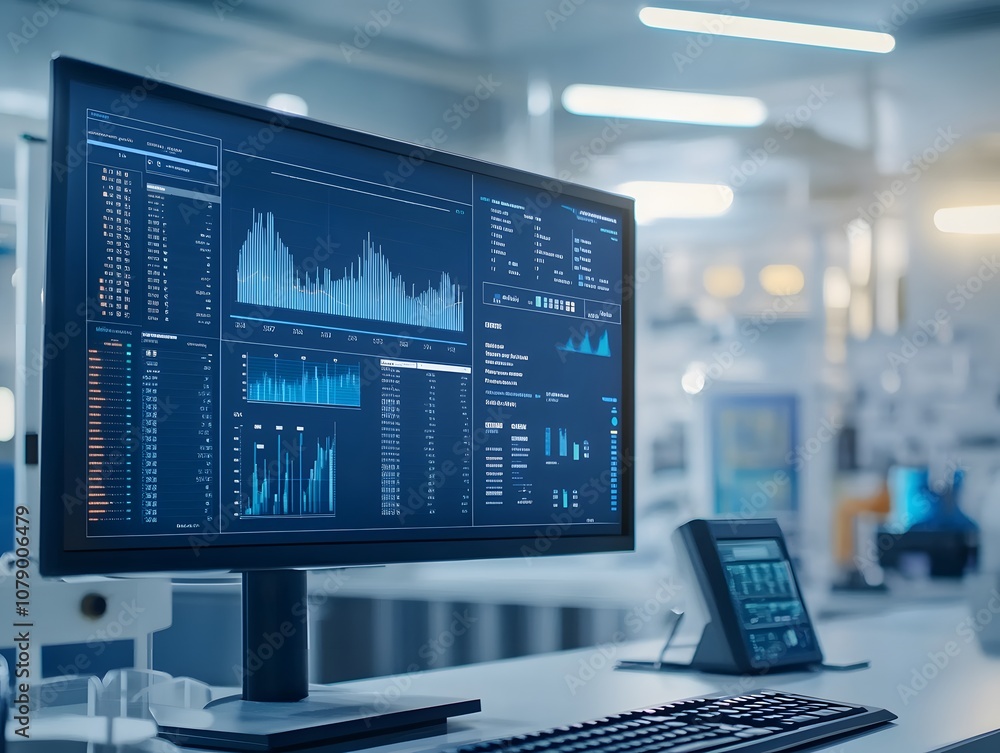 Modern Data Analysis Dashboard Displaying Financial Charts and Graphs with Numeric Data in a Bright Tech Laboratory Environment Modern Data Analysis Dashboard Displaying Financial Charts and Graphs with Numeric Data in a Bright Tech Laboratory Environment