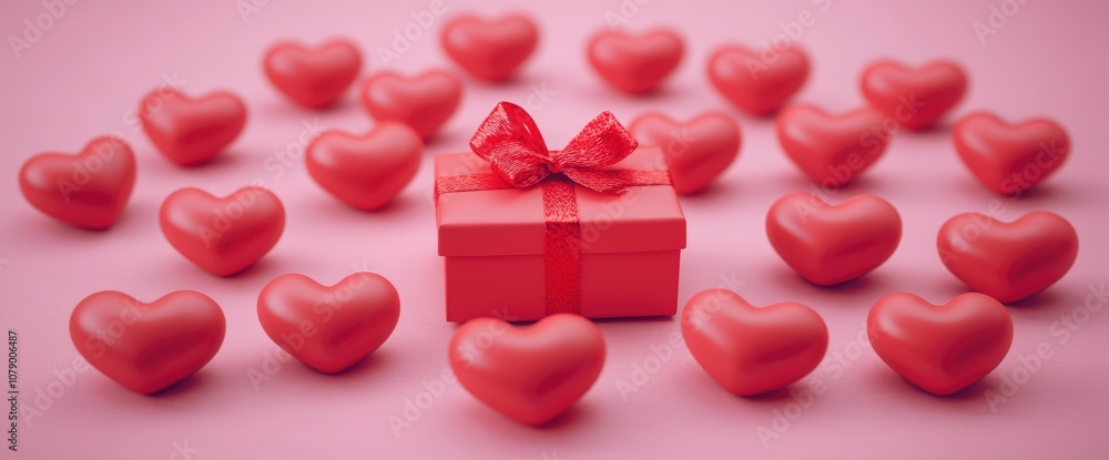 Gift Box Surrounded by Hearts on Pink Background Gift Box Surrounded by Hearts on Pink Background