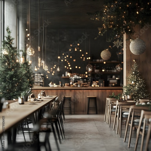 This cozy cafe is decked out for the holidays with twinkling lights, festive decor, and two beautifully decorated Christmas trees. The warm lighting and rustic wooden furniture.