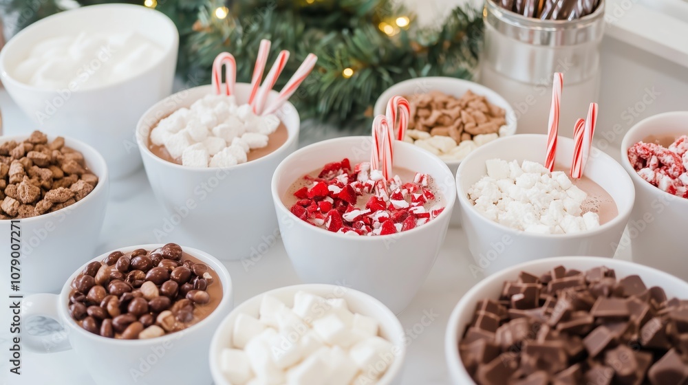 A hot chocolate bar with various toppings, like marshmallows, candy canes, and chocolate chips A hot chocolate bar with various toppings, like marshmallows, candy canes, and chocolate chips
