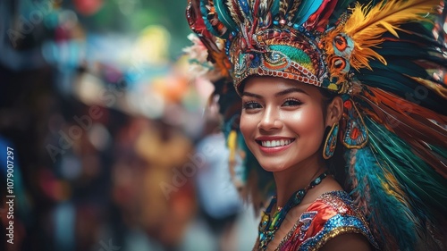 Woman Smiling in Colorful Traditional Headdress