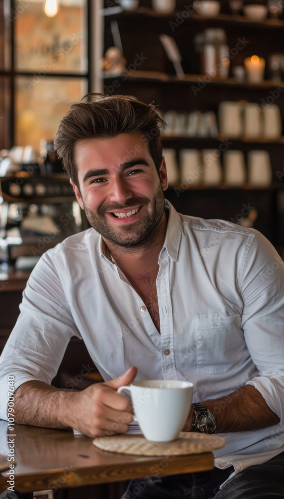 Smiling Entrepreneur Enjoys Coffee and Laptop Work at Cozy Cafe Smiling Entrepreneur Enjoys Coffee and Laptop Work at Cozy Cafe