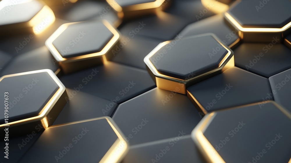 A series of interlocking hexagonal prisms in matte gray and gold accents, with soft lighting casting smooth shadows, creating a luxurious 3D texture. A series of interlocking hexagonal prisms in matte gray and gold accents, with soft lighting casting smooth shadows, creating a luxurious 3D texture.