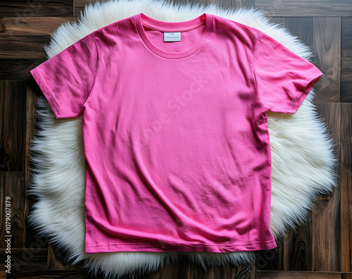 Pink T-Shirt Mockup on White Fur Rug. photo