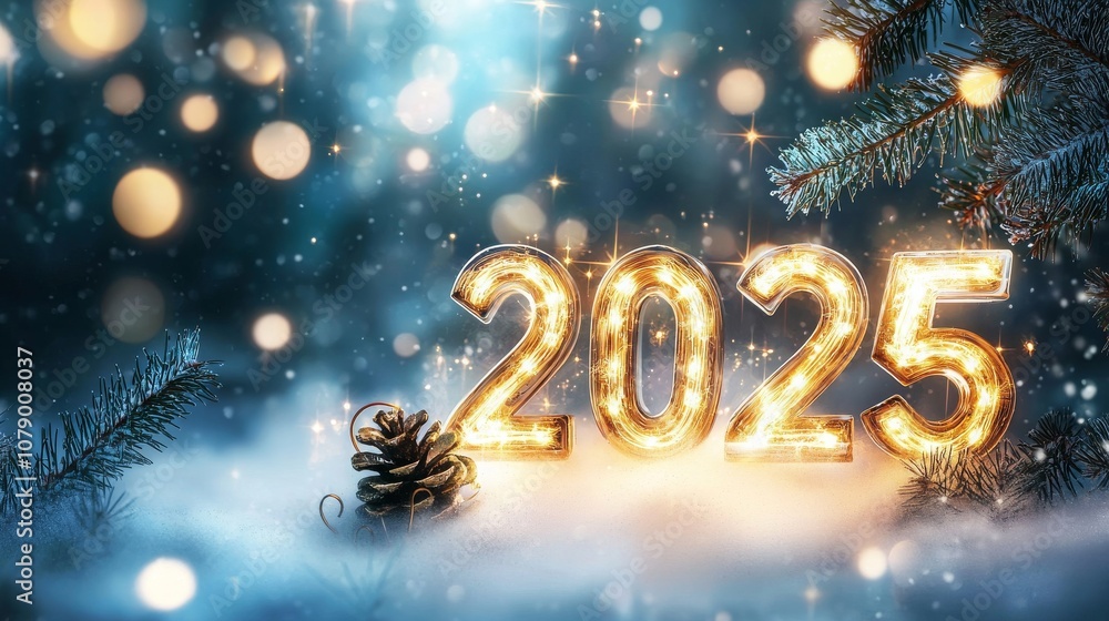 Glowing 2025 numerals amidst a snowy winter scene, signifying the promise of a new year. Glowing 2025 numerals amidst a snowy winter scene, signifying the promise of a new year.