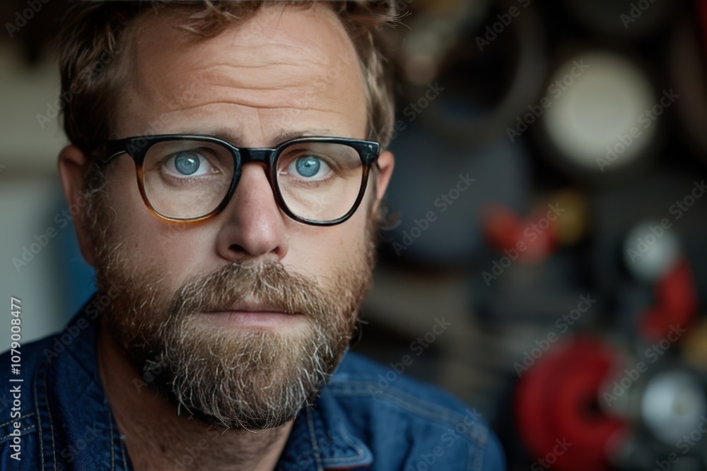 A close-up of a man with glasses and a beard, showcasing a focused expression in a workshop setting A close-up of a man with glasses and a beard, showcasing a focused expression in a workshop setting