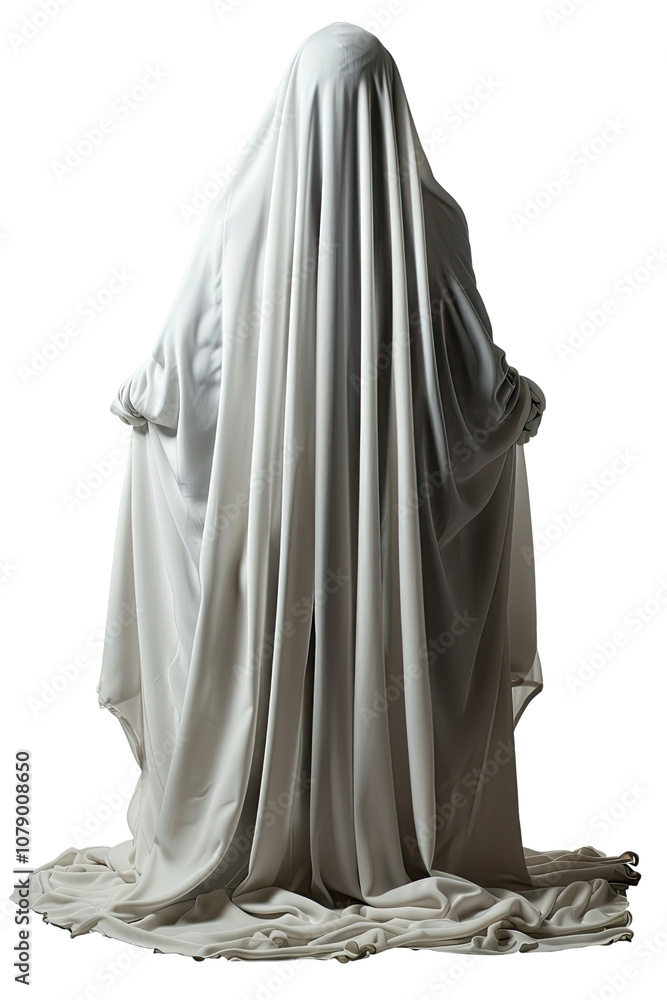 Ghostly figure draped in a flowing white cloak with hollow black eye sockets, creating an eerie and mysterious ambiance. Cut out or PNG. Ghostly figure draped in a flowing white cloak with hollow black eye sockets, creating an eerie and mysterious ambiance. Cut out or PNG.