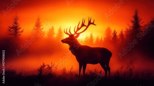 Majestic deer silhouette against a fiery sunrise in a misty forest. photo