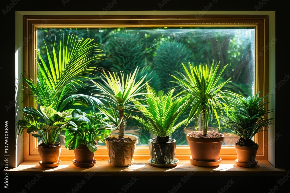 Obraz premium Various potted indoor plants arranged on a sunny windowsill in a cozy room during daylight hours