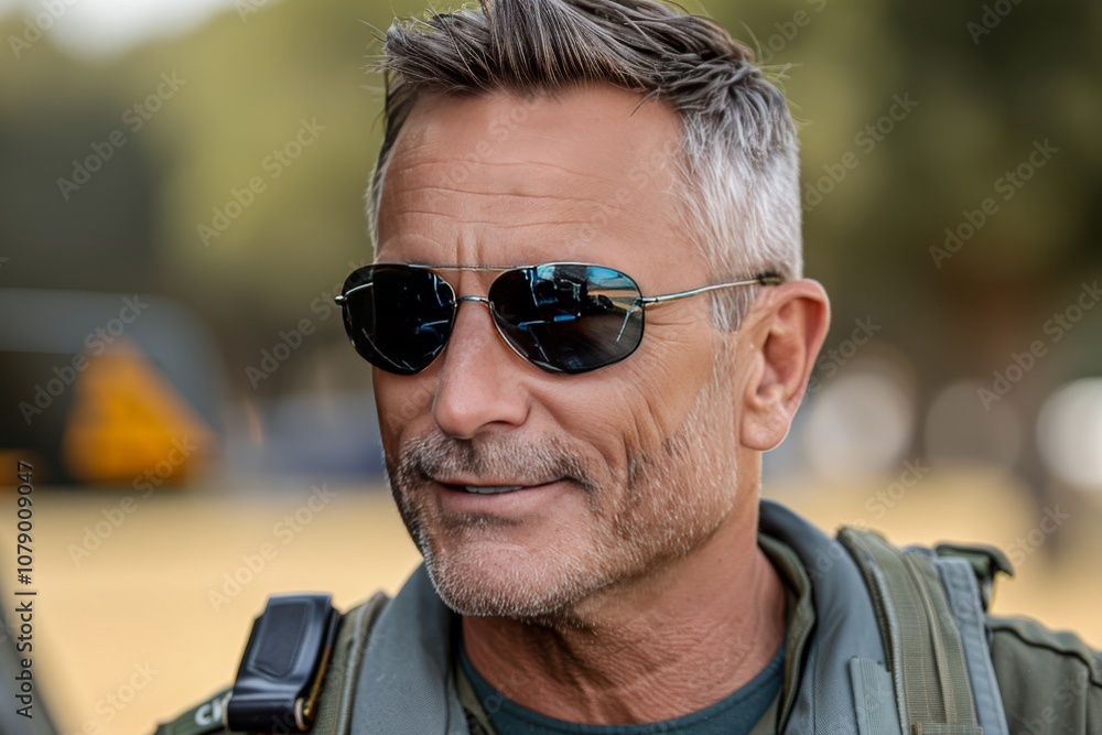 Man in sunglasses smiles while wearing a tactical jacket in a sunny outdoor setting during daytime Man in sunglasses smiles while wearing a tactical jacket in a sunny outdoor setting during daytime