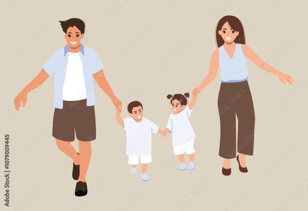 Naklejka premium A family of father, mother and child walking hand in hand.