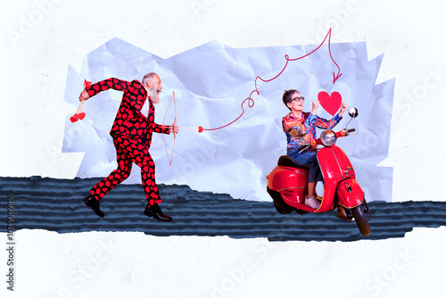 Composite photo collage of two happy elderly cupid man woman sit vespa moped bow arrow smash heart love isolated on painted background photo