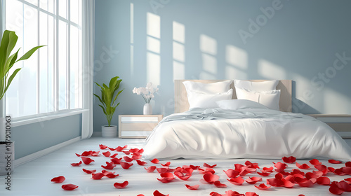 Fototapeta Naklejka Na Ścianę i Meble -  Minimalist romantic bedroom decorated with rose petals. Romantic. Illustration