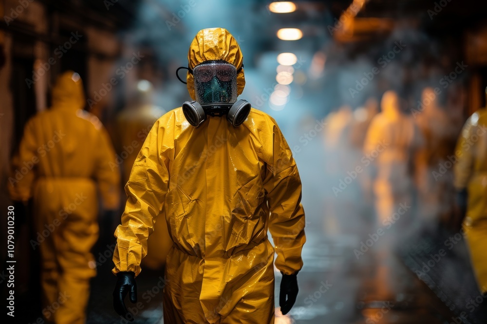 Emergency responders in yellow hazmat suits navigate a smoky industrial area at night while addressing a hazardous situation Emergency responders in yellow hazmat suits navigate a smoky industrial area at night while addressing a hazardous situation