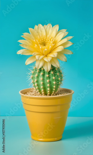 Small cactus in a flowerpot with sharp thorns and blooming flowers photo