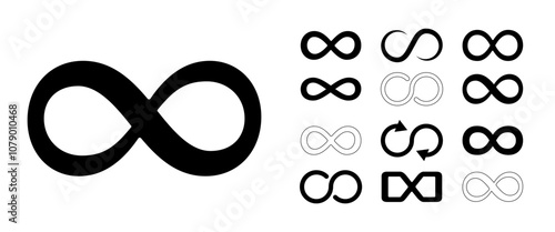 Isolate Black Infinity symbols collection, vector logo design, Various infinity icon, Endless, Eternity Clip art, Loop outline symbol for Business, Web and Branding use. (Editable)