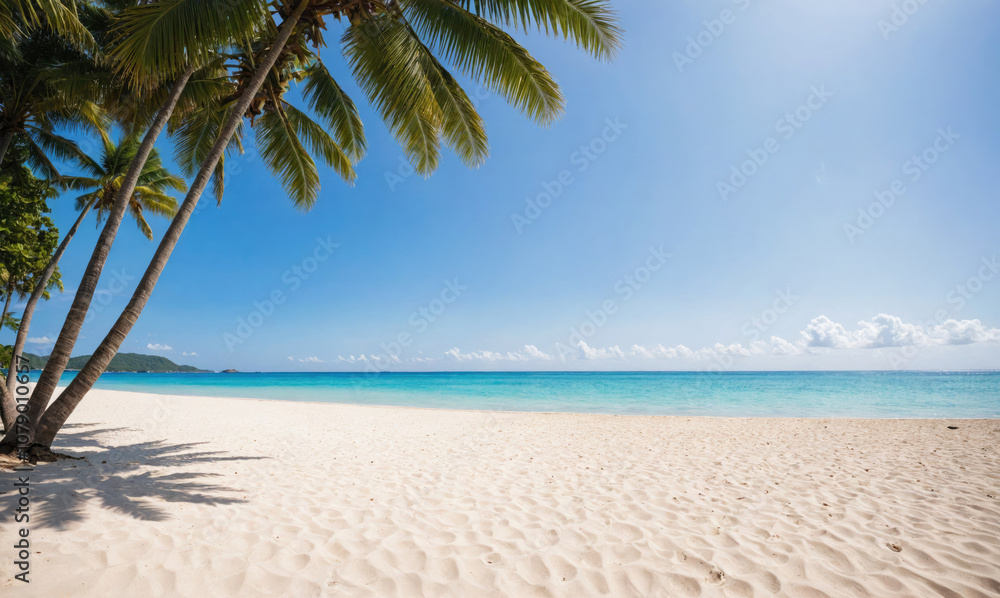 Obraz premium A palm tree casts a shadow on a white sand beach with turquoise water and a blue sky