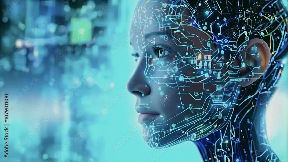 A close-up profile view of a futuristic woman's face with digital lines and glowing circles, against a blue background. A close-up profile view of a futuristic woman's face with digital lines and glowing circles, against a blue background.
