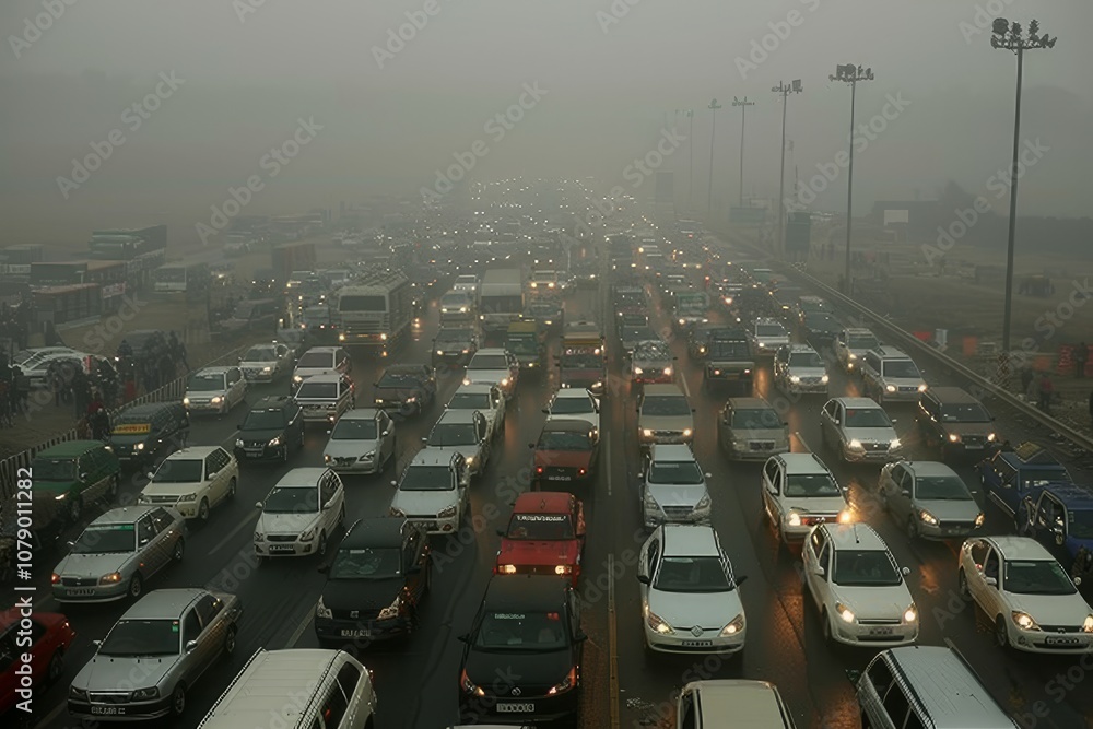Obraz premium Heavy traffic congestion in a foggy urban area during early morning hours