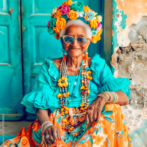 an elderly, festively dressed woman from South America on the porch of her house photo