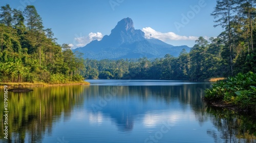 Majestic mountain peak reflected in a tranquil lake surrounded by lush greenery.