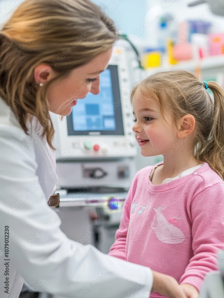 Caring Doctor Interacting with Young Female Patient in Pediatric Clinic Setting for Health Checkup and Emotional Support in Modern Medical Facility Caring Doctor Interacting with Young Female Patient in Pediatric Clinic Setting for Health Checkup and Emotional Support in Modern Medical Facility