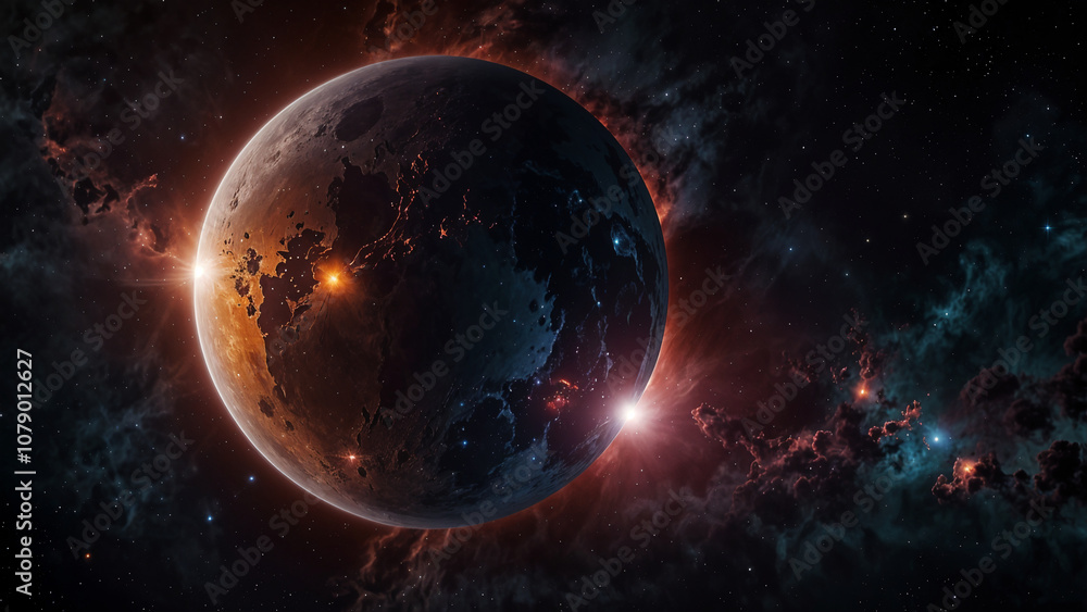 A 3D image of Earth in space with the Sun shining in the background, showcasing a glowing globe, stars, atmosphere, and clouds, with a view of Europe and the ocean A 3D image of Earth in space with the Sun shining in the background, showcasing a glowing globe, stars, atmosphere, and clouds, with a view of Europe and the ocean