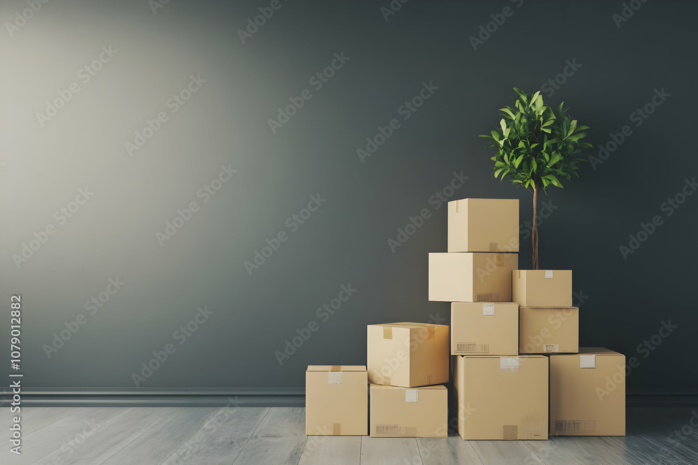 Stack of Cardboard Boxes in an Empty Room with a Plant. Stack of Cardboard Boxes in an Empty Room with a Plant.