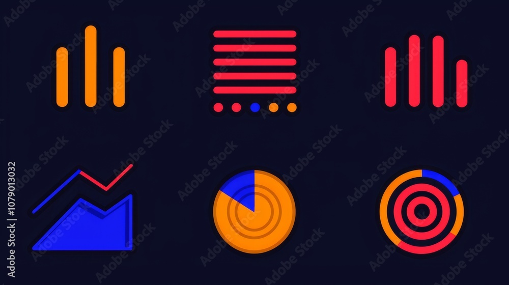 Set of six colorful infographic elements bar chart, line chart, pie chart, target, list, and dots. Set of six colorful infographic elements bar chart, line chart, pie chart, target, list, and dots.