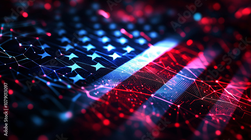 Futuristic USA flag with holographic texture, glowing neon red, white, and blue, ultra-realistic close-up, dark tech background, high-tech patriotic vibe