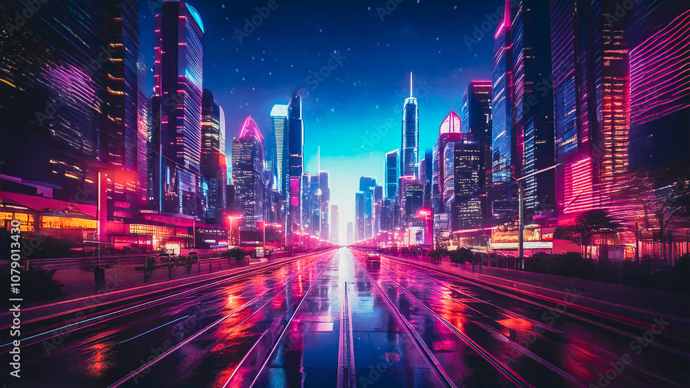 Fototapeta premium Perspective view of a futuristic city at night