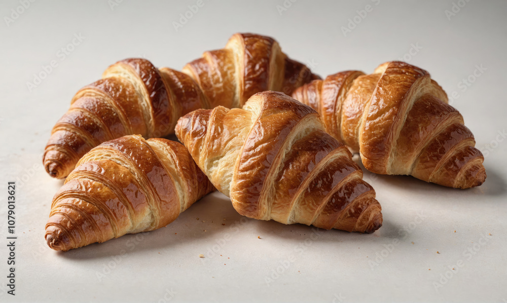 Five fresh croissants sit on a white surface Five fresh croissants sit on a white surface