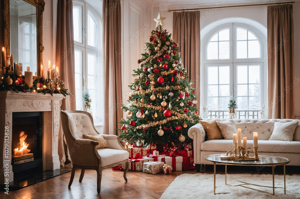 Christmas interior. Modern living room with sofa, fireplace and decorated Christmas tree. Christmas interior. Modern living room with sofa, fireplace and decorated Christmas tree.