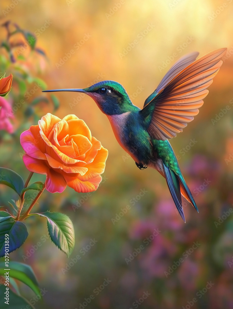 Fototapeta premium Colorful Hummingbird Hovering Near Vibrant Orange Rose Blossom. The scene captures the beauty and grace of nature in vivid detail.
